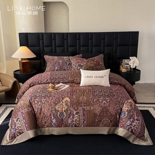 林夕·月影琉璃 50支天丝棉印花 复古美式绗缝加大床盖五件套