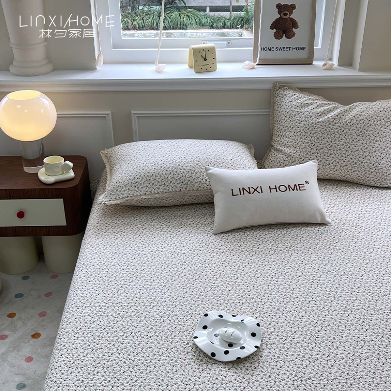 林夕家居LINXIHOME 法派方糖系列 韩国小碎花绗缝蕾丝床盖三件套