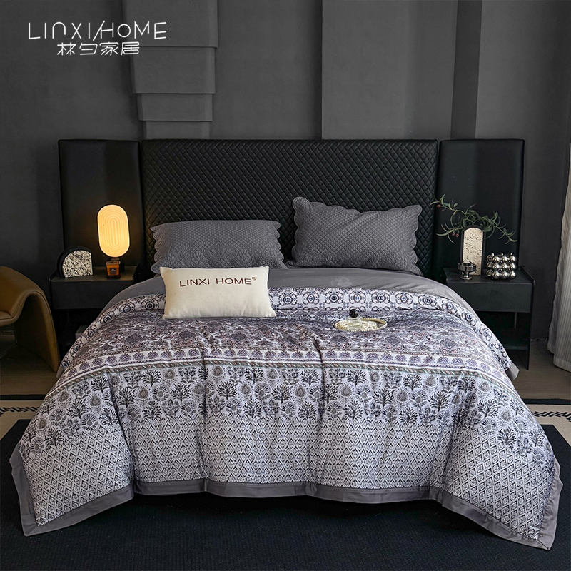 林夕·文森特 80支印花天丝棉床盖五件套 欧式双色绗缝床盖三件套