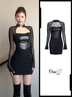 2025早春美式性感黑色网纱拼接pu皮长袖连衣裙女收腰包臀裙纯欲风