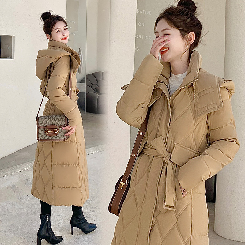 羽绒棉服女中长款2024新款连帽可脱卸冬季加厚修身腰带棉服外套潮