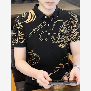 翻领polo衫 t恤男士 欧版 短袖 打 夏季 重磅纯棉潮牌复古印花龙年半袖
