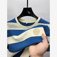 欧版高端时尚条纹短袖t恤男士2025夏季新款潮牌时尚休闲宽松百搭