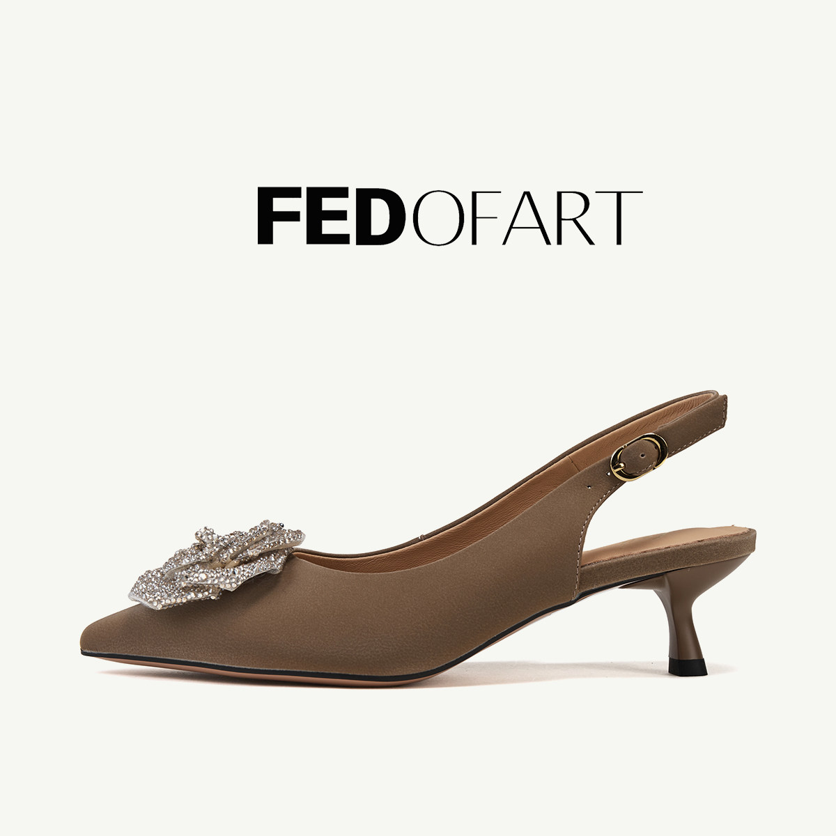 fed超现实晚宴羊皮里垫女鞋春夏尖头后空细跟中跟时装鞋半凉鞋女