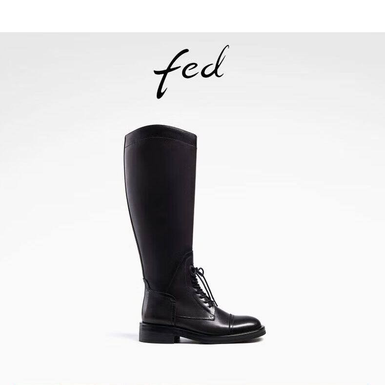 FED粗跟骑士靴冬季新款靴子真皮长筒靴系带时装靴女款R1113-YA266