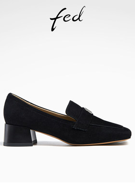 fed方头单鞋春季女鞋黑色绒面通勤鞋粗跟乐福鞋女D0320-ZC166