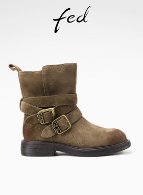 fed复古时装靴冬季新款女靴粗跟机车靴西部靴短靴女D0926-ZCA839