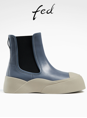 fed蓝色短靴冬季新款靴子切尔西靴厚底烟筒靴皮靴女R0927-ZFA072