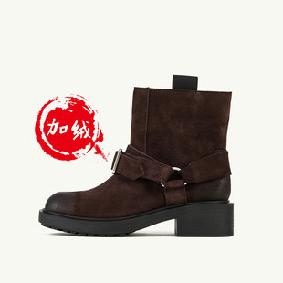 fed真皮加绒保暖秋冬复古粗跟靴子女短靴骑士靴西部靴女