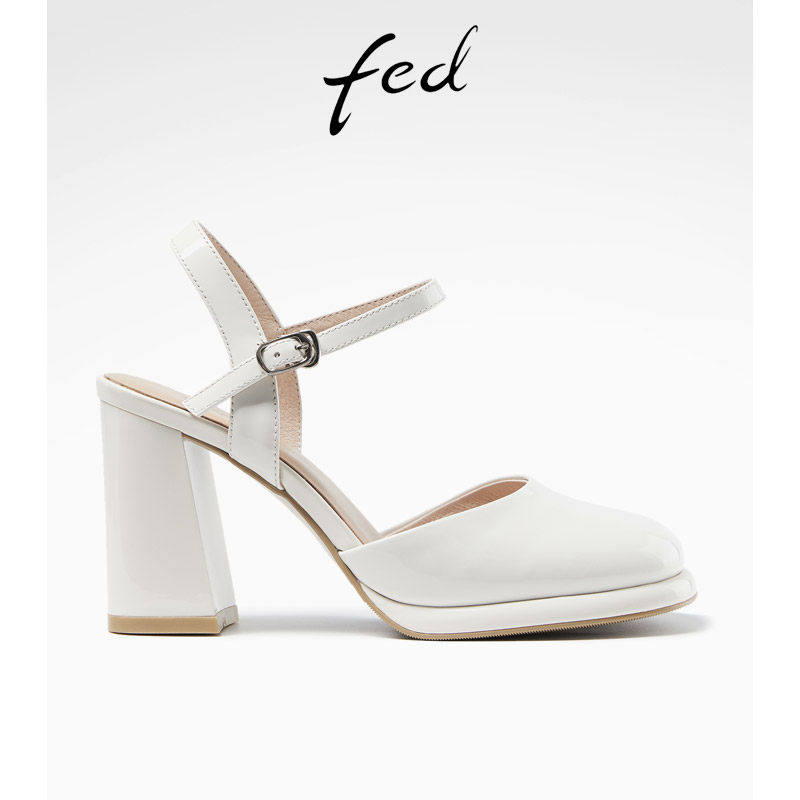 fed粗跟高跟鞋夏季新款女鞋真皮气质女士后空包头凉鞋CQU025