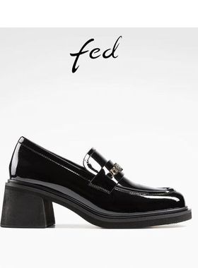 FED黑色乐福鞋女春秋女鞋粗跟小皮鞋深口单鞋女款D0923-YA325