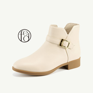 fed春秋复古真皮百搭粗跟靴子女靴短靴马丁靴切尔西靴女