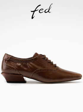 fed英伦风小皮鞋秋季新款女鞋褐石诗页单鞋尖头布洛克鞋女款YA026