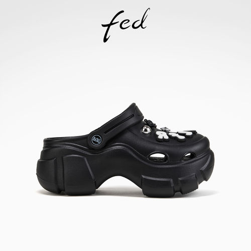 fed厚底洞洞鞋春季新款女鞋黑色软底半拖户外沙滩鞋女S0317-YA805