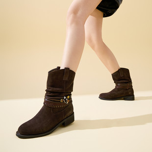 fed秋冬真皮褶皱堆堆粗跟靴子女中筒瘦瘦靴牛仔西部靴女