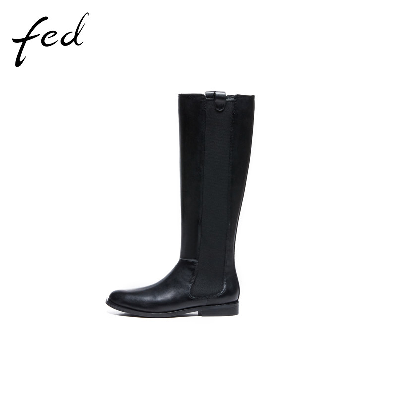 fed平底高筒靴冬季新款真皮时尚气质瘦腿长靴黑色长靴女806-YS018