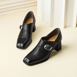 复古真皮粗高跟深口单鞋 新款 26春季 女 时装 鞋 乐福鞋 fed羊皮女鞋