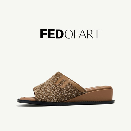 fed丝绒牛皮女凉鞋夏季新款坡跟平底一字带沙滩凉拖鞋女外穿