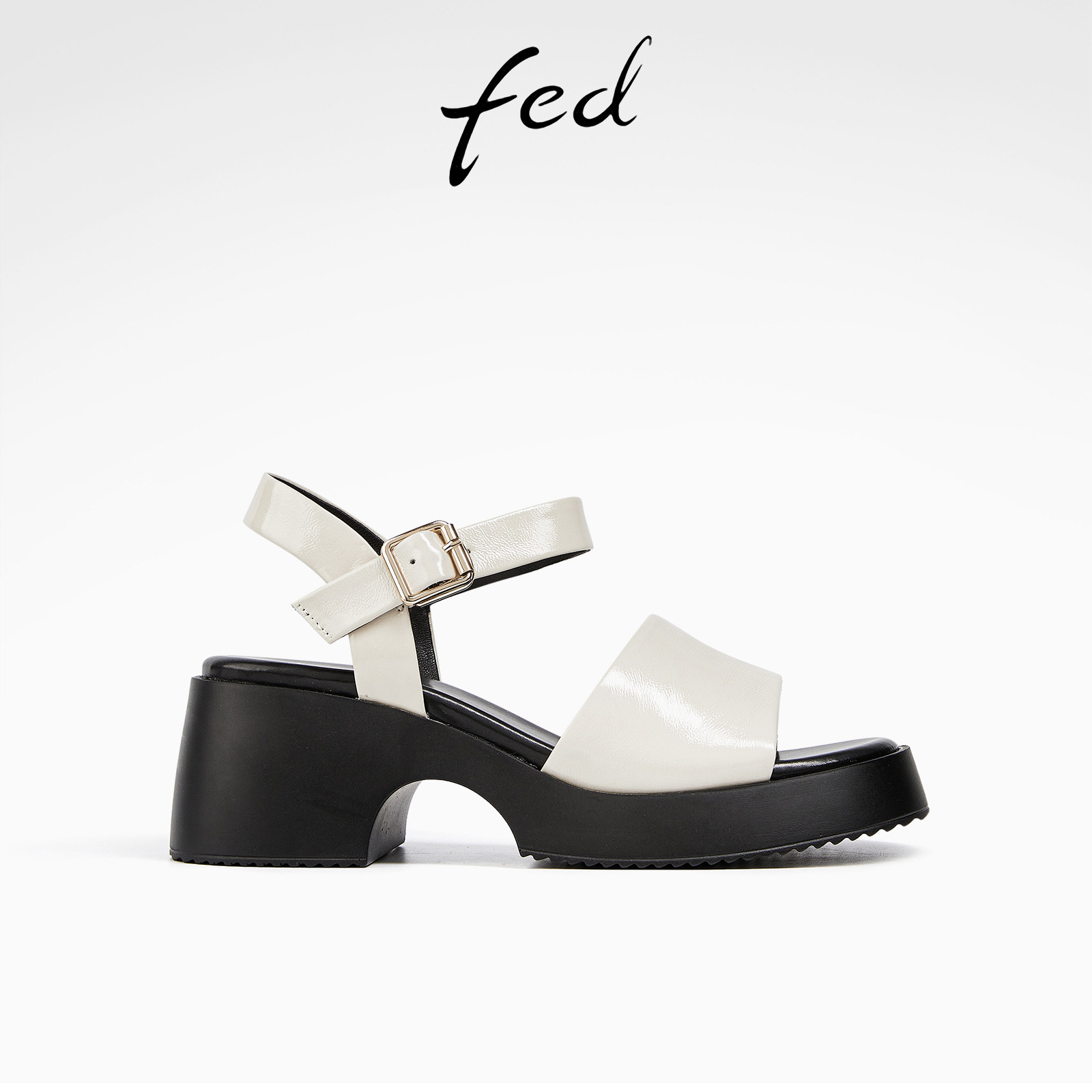 fed一字带凉鞋夏季新款女鞋白色法式粗跟皮凉鞋女款D0514-ZFA501