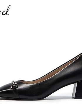 FED黑色高跟鞋2023年春季新款女鞋羊皮设计感浅口单鞋R0222-YA227