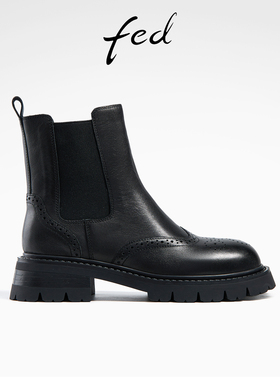 fed真皮切尔西靴冬季新款靴子厚底烟筒靴黑色短靴女款R1002-YA775