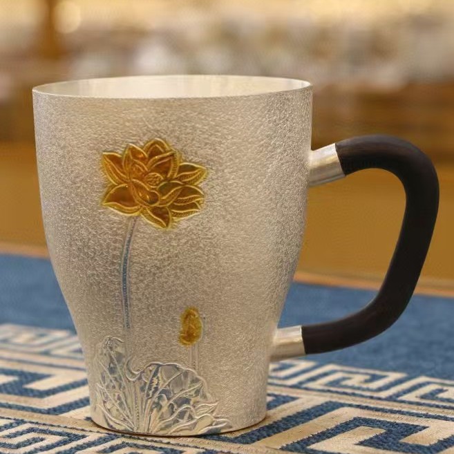 亮面锤纹纯银茶杯子999手工银水杯银茶缸子大容量办公马克