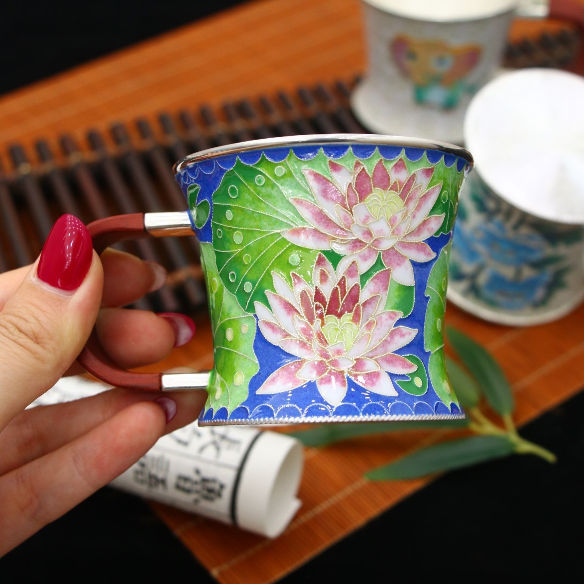 珐琅彩主人银杯纯银茶杯子9999手工银水杯大容量中式家用喝茶杯