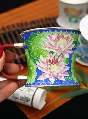 珐琅彩主人银杯纯银茶杯子9999手工银水杯大容量中式家用喝茶杯