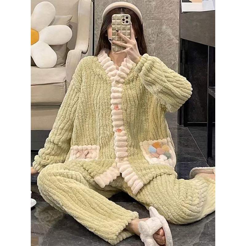 珊瑚绒套装彩虹开衫睡衣女秋冬季保暖仙女风睡袍两件套甜美家居服