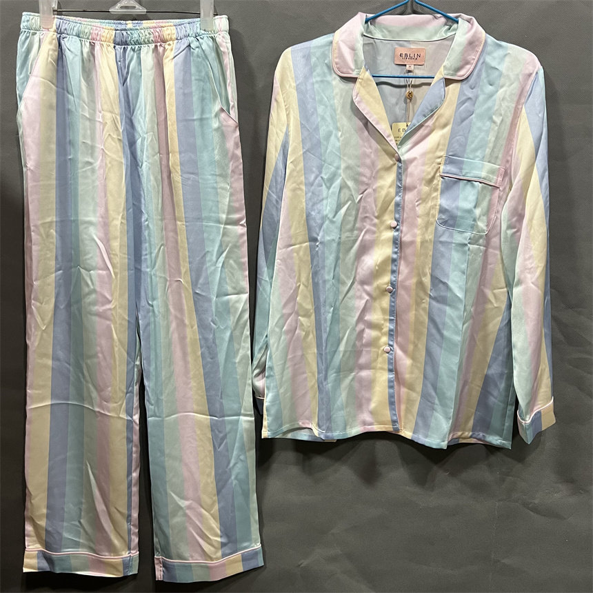 衣恋旗下EBLIN蓝色J5条纹九分袖轻薄夏季家居服套装ECPPA12L91