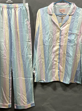 衣恋旗下EBLIN蓝色J5条纹九分袖轻薄夏季家居服套装ECPPA12L91