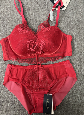 衣恋旗下EBLIN红色P8精致蕾丝U杯婚嫁系列女士文胸套装ECBRC11012