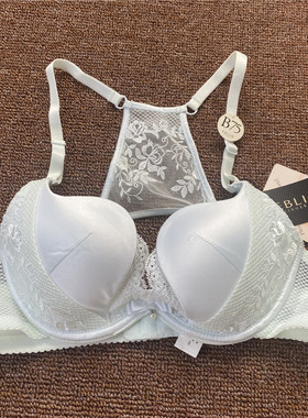 衣恋旗下EBLIN 淡蓝色网纱刺绣美背U型杯性感女性文胸ECBR835012