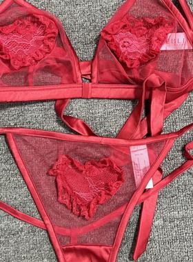 衣恋旗下EBLIN红色S55连体性感透视比基尼女士文胸套装ECFN889G11