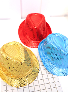 爵士帽儿童节帽子礼帽表演帽亮片演出舞台帽男女舞蹈表演男女潮