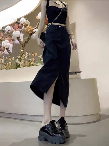 Черная летняя джинсовая юбка, тонкая длинная юбка, с акцентом на бедрах, А-силуэт