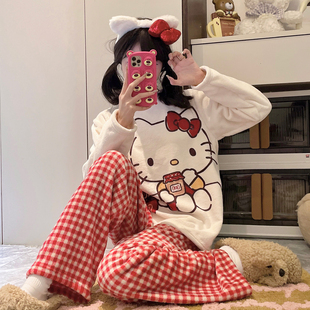 kt猫法兰绒睡衣女中大童2025新款秋冬季薄款珊瑚绒女孩家居服套装