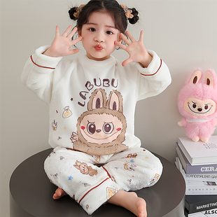 拉布布女童珊瑚绒睡衣秋冬薄款套装可爱超萌女孩中大童母女家居服