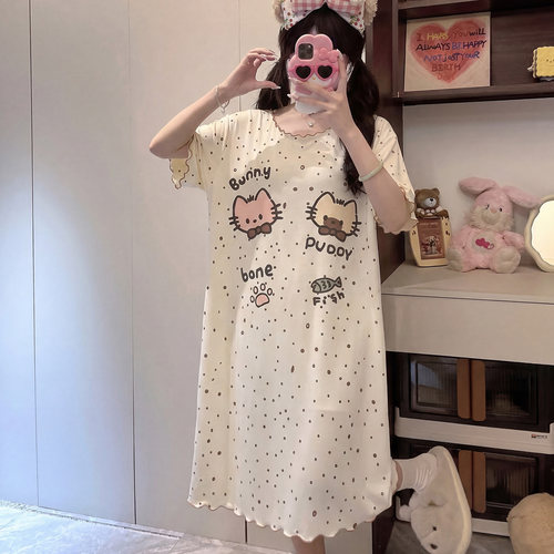 莫代尔睡裙女中长款夏季薄款短袖睡衣2026新款女大童初中生家居服