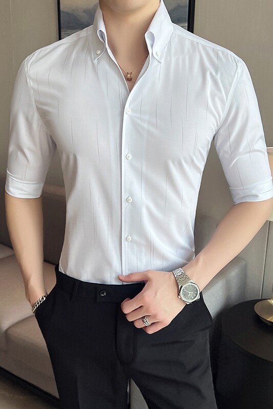 雅痞青年虚线个性V领衬衫中袖帅气修身休闲立领痞帅衬衣男C05-P68,男装衬衫,电商C308