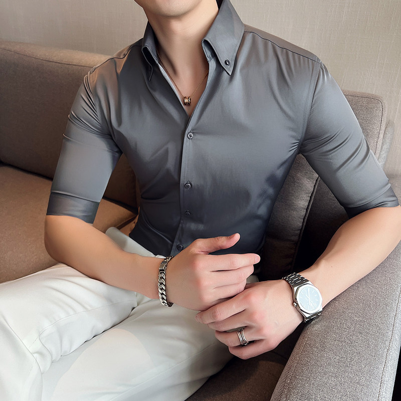 痞帅个性网红V领衬衫中袖青年帅气修身休闲立领痞雅衬衣男C02-P60,男装衬衫,电商C308