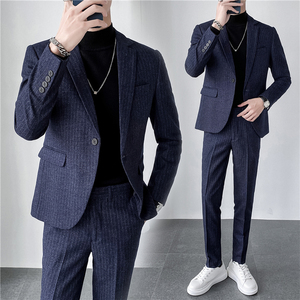 ins轻熟风韩版修身男士休闲条纹西服套装 西装套装LJT903-P205图片
