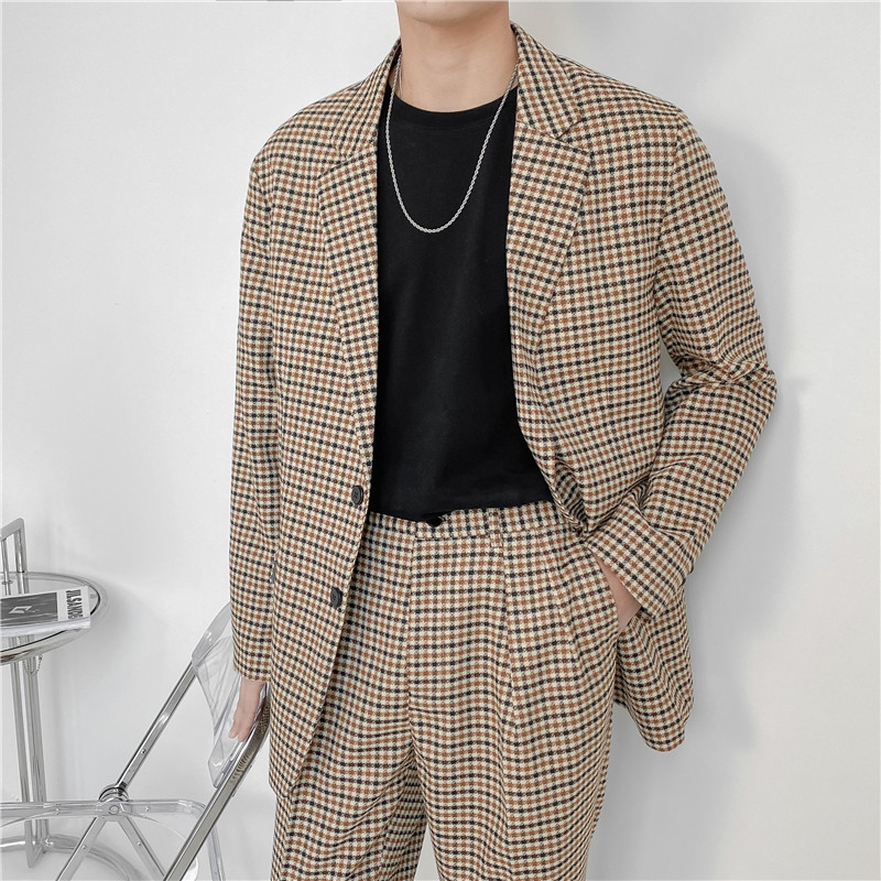 21春夏款轻熟风英伦小细格长袖西服+阔版九分裤套装TZ18-P215,男装西服,电商C308