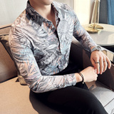 高级感修身花衬衫时尚衬衣男长袖衬衫质感潮流衬衫黑色C2020-P63，男装衬衫，电商C308