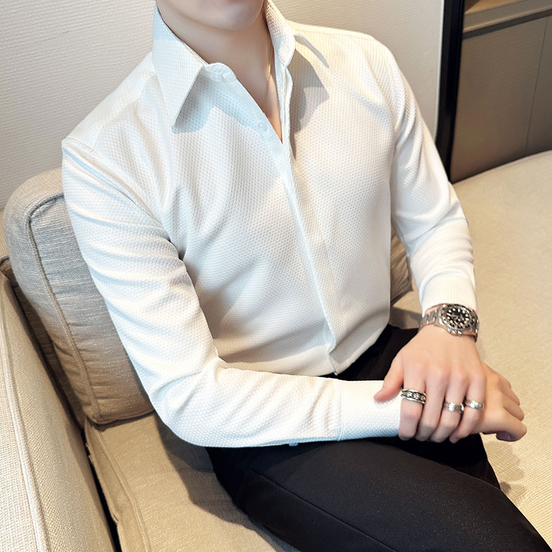 春季华夫格大领衬衫男长袖薄款潮流帅气修身休闲衬衣XT38-P68,男装衬衫,电商C308