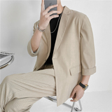 23夏款轻熟风微宽英伦条纹中袖西服+阔版九分裤套装TZ13-P195，男装西服，电商C308