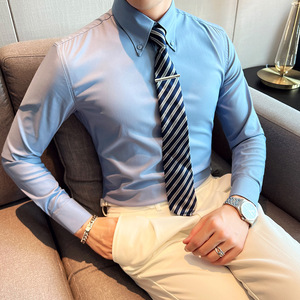 秋款大领衬衫男长袖薄款潮流帅气修身休闲立领纯色白衬衣C43-P68