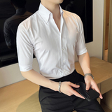 雅痞青年个性条纹V领衬衫中袖帅气修身休闲立领痞帅衬衣男C03-P68，男装衬衫，电商C308