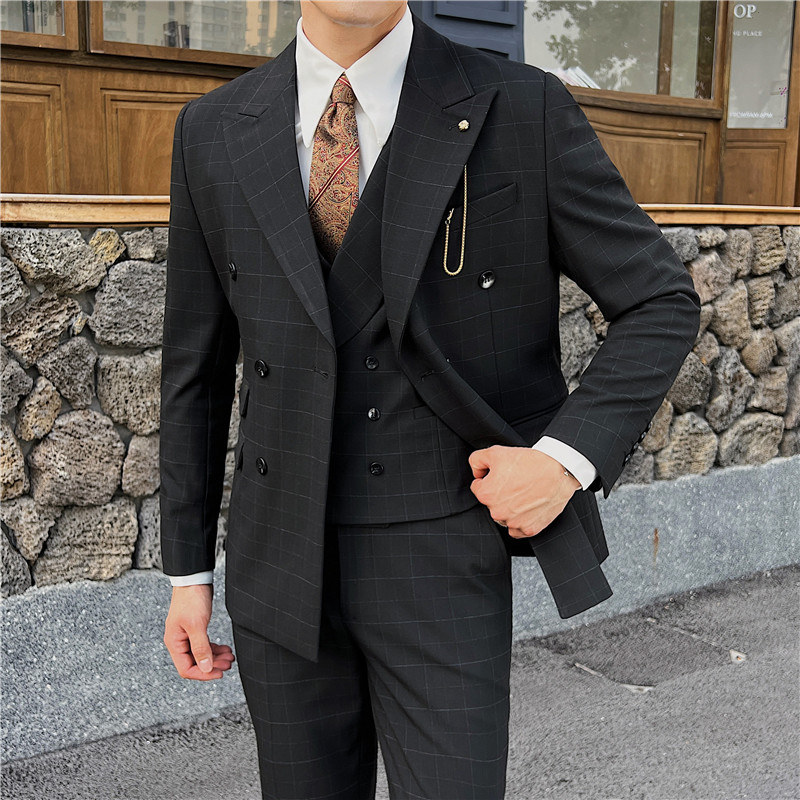 英伦修身男士双排扣格子西服三件套新郎伴郎礼服套装SJT920-P300,男装西服,电商C308