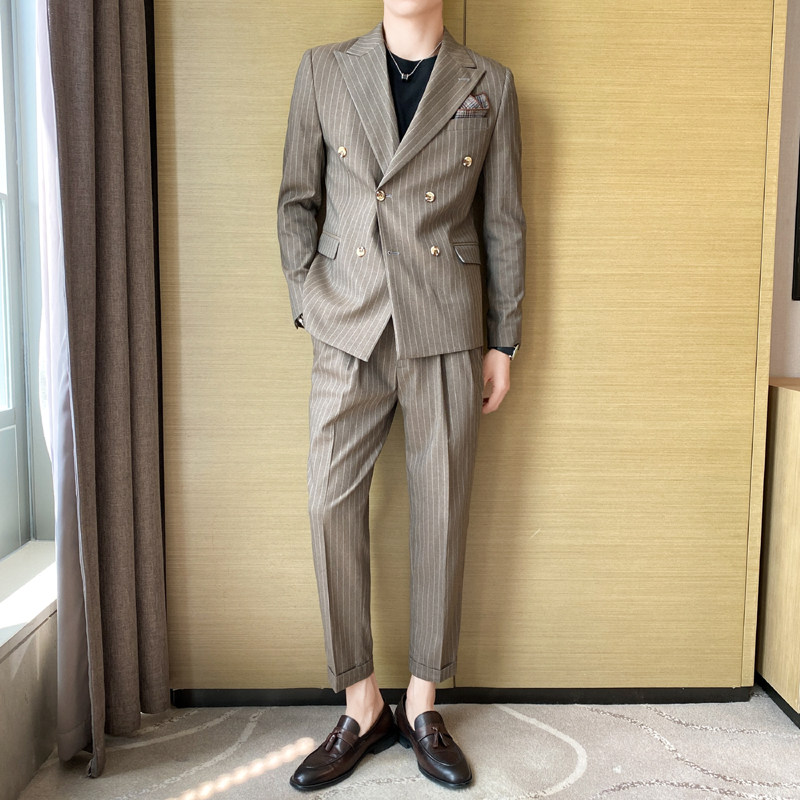 痞雅高级感休闲双排扣条纹西服+英伦青年九分西裤LJT08-P230，男装西服，电商C308